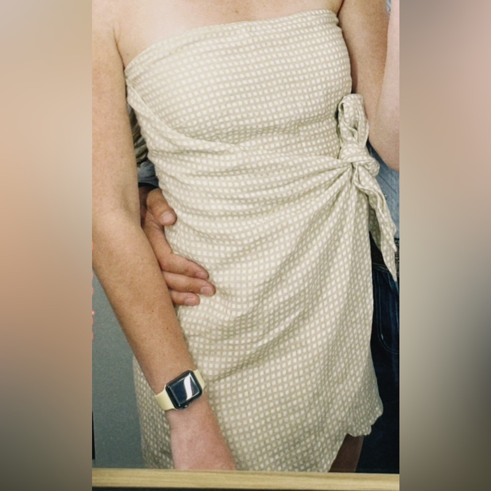 Summer Dress, White and Tan checkered, with tie in front